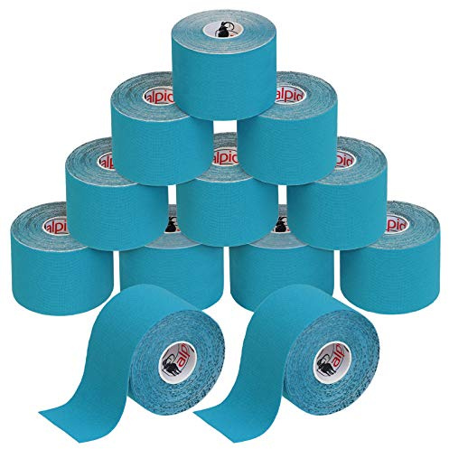 ALPIDEX Cinta Kinesiología Tape 5 m x 5 cm Cinta Muscular E- Book Ejemplos Aplicación, Color:azul claro, Cantidad:12 rollos