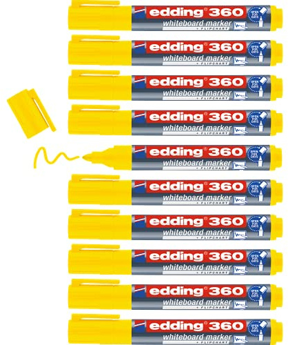 edding 360 marcador para pizarras blancas - amarillo - 10 rotuladores - punta redonda 1,5-3 mm - rotulador para pizarra blanca, borrado en seco - pizarra blanca, flipchart, tablón de notas