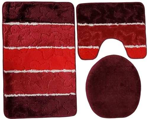 Orion Badgarnitur 3 TLG. Set 50x80 cm Mehrfarbig gestreift, WC Vorleger mit Ausschnitt für Stand-WC (Beere rosa Flieder)