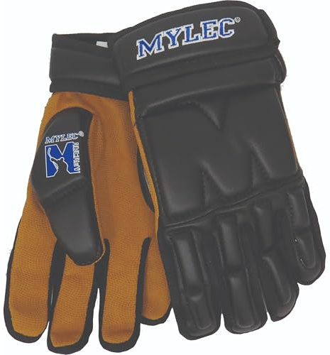MyLec Men's Hockey Gloves, Velcro Strap with Perfect Fit, Printed Branding Logo, Hockey Stuff with Tough Nash Palm, Lightweight, Durable & Breathable, Protected with EVA Foam(Medium,Black)