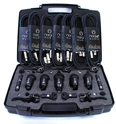 Nordell 7 Piece Drum Microphones Set - Includes 5 Rim Clips, 7 XLR 6m Cables and Case