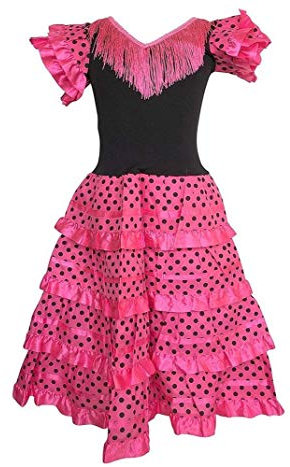 La Senorita Spanish Flamenco Dress - Girls/Kids - Pink/Black - Size 10 - Length 85 cm, 33 inch