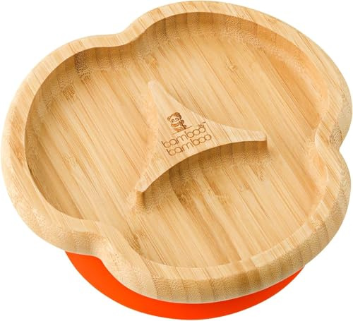 bamboo bamboo Plato Para Bebé Y Niño Pequeño, Plato Dividido De Bambú Con Succión Segura Para Alimentación Y Destete, Vajilla Antideslizante Para Bebés Desde 6 Meses (Dividido, Naranja)