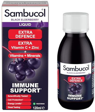 Sambucol Natural Black Elderberry Extra Defence Liquid | Vitamin C, B6 & D | Zinc | Folic Acid & Minerals |Advanced Immune Support Supplement | 120ml