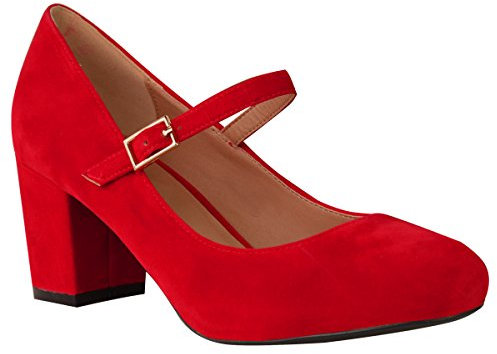 Womens Ladies MID Block Heel Mary Jane Office Work Formal Strap Dolly Shoes Size Red Faux Suede