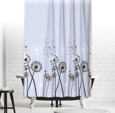 KS Handel 24 Textil DUSCHVORHANG Pusteblume 180x180 cm GRAU SCHWARZ Weiss GARDINE Blumen! Shower Curtain Grey Black White
