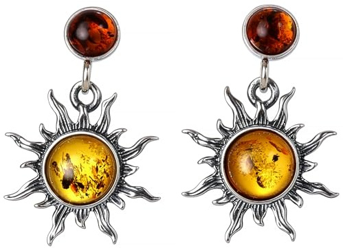 Amber Earrings - Sterling Silver and Baltic Honey Amber Earrings Sun - Amber Dangling Earrings - Sterling Silver Jewelry Collection