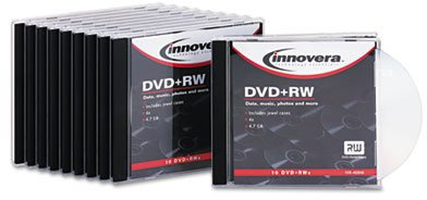 DVD+RW Discs, 4.7GB, 4X, w/Slim Jewel Cases, Silver, 10/Pack