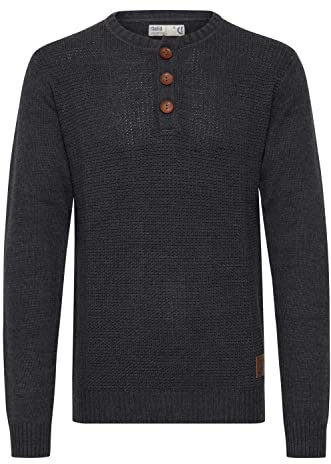 !Solid SDTerrance Herren Strickpullover Feinstrick Pullover mit Grandad Ausschnitt Baumwollmischung Regular fit, Größe:L, Farbe:Dark Grey Melange (8288)