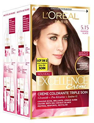 L'Oréal Paris - Excellence Crème - Coloration Permanente Triple Soin 100% Couverture Cheveux Blancs - Nuance 5,15 Marron Glacé - Lot de 2