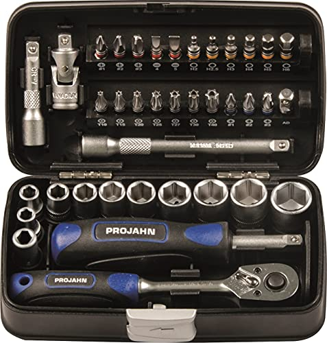 Projahn Mini Steckschlüssel und Bit-Box 38-tlg. (kompaktes Set mit verschiedenen Steckschlüssel, farbcodierten Bits: Schlitz, Kreuzschlitz, Torx, passend für nahezu jede Anwendung, Werkzeugbox) 394072