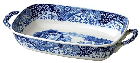 Spode Blue Italian Handled Serving Tray, Large Oven to Table Bakeware, Porcelain Lasagna Pan, Casserole Dish, Dishwasher and Oven Safe