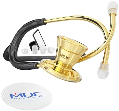 MDF ProCardial Cardiology stetoskop, rostfritt stål, vuxen, dubbelt huvud, fria delar för livet, svart rör, guld bröststycke-headset, MDF797K11