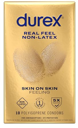 Durex Real Feel Non Latex Condoms, Lubricated Latex Free Condoms for Men, Natural Skin on Skin Feeling, 10 Count