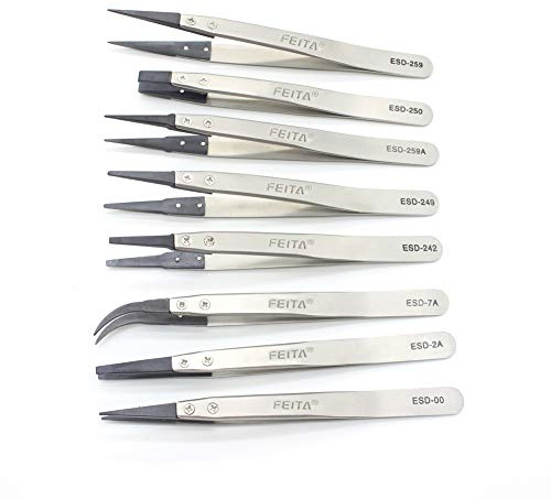 Precision Tweezer Set - FEITA Antistatic Replaceable Fiber Tip Stainless Steel ESD Tweezers for Electronics, Jewelry-Making, Laboratory, Hobby (8 Pcs)