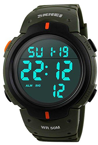 SKMEI Reloj Deportivo Digital para Hombre con Pantalla LED de Gran Cara, Militar, Impermeable, Casual, Luminoso, cronómetro, Alarma Simple del ejército, Verde Militar, Digital