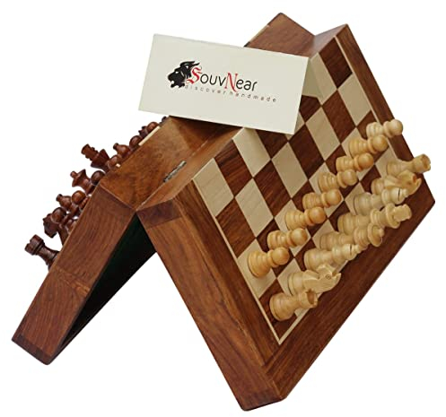 SouvNear Magnetisches Schach-Set - 26,7 x 26,7 cm - zusammenklappbares Schachbrett mit 2 extra Königinnen und Reisetasche - Premium-Qualität-Palisander-Schach-Spiel mit integriertem Speicher