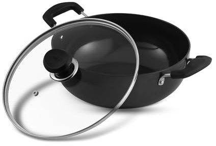 Vinod Black Pearl Hard Anodised Deep Kadai – 2.6L, 22cm Wok with Glass Lid | 3.25mm Thick Sturdy | Metal Spoon Safe | Riveted Handles | Gas Stove Compatible | Ideal for Curry Cooking & Stir Frying