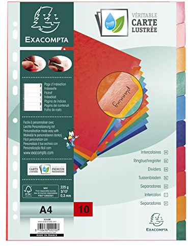 Exacompta - 2210E - Separadores en cartulina FSC® brillo de 225g/m2 con 10 pestañas de color neutro - reforzadas y plastificadas - Tira perforada reforzada - Formato para archivo A4