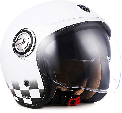 Soxon® SP-888 „Snow“ · Jet-Helm · Motorrad-Helm Roller-Helm Scooter-Helm Moped Mofa-Helm Chopper Retro Vespa Vintage Pilot Biker · ECE 22.05 Sonnenvisier Schnellverschluss SlimShell Tasche M (57-58cm)