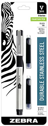 Zebra Pen V-301 Fountain Pen, Stainless-Steel Barrel, Fine Point, 0.7mm, Black Ink, 1-Pack with Refill (48111)