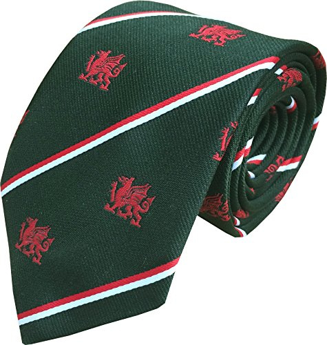 Men's Welsh Dragon Striped Tie (Bottle Green)