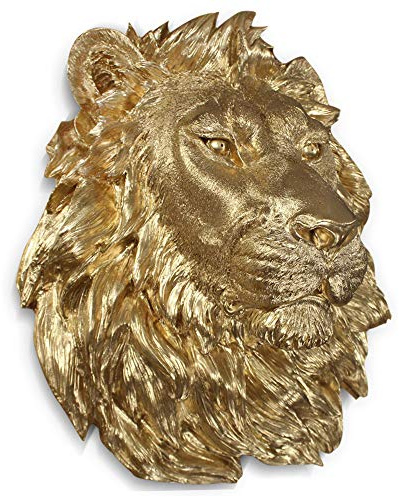 Wallcharmers Lion Head, Gold Resin, Faux Taxidermy, Regal Wall Decor