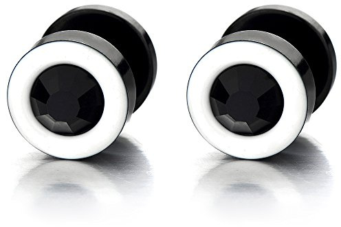 2 Bianco Nero Orecchini da Uomo Donna, Finto Dilatatore Fake Plug, Acciaio Inossidabile con 6MM Nero Zirconi