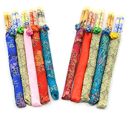 5 Pairs Bamboo Chinese Style Decorative Pattern Chopstick with Cloth Pack Tableware Gift Set
