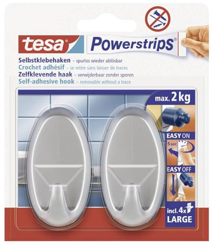 tesa Powerstrips Haken Large OVAL - Selbstklebender Wandhaken für Glas, Kacheln, Holz, Kunststoff und andere Untergründe - Matt-Chrom