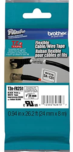Brother Genuine P-Touch TZE-FX251 Tape, 1 (0.94) Wide Flexible-ID Laminated Tape, Black on White, Best Suited for Wire Wrapping and Flagging, Water-Resistant, 0.94 x 26.2' (24mm x 8M), TZEFX251