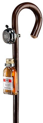 Gehstock Wanderstock VATERTAG, Rundgriffstock aus Edel-Kastanienholz gebogen, mit Klingel und Kräuterschnaps gefülltem Flachmann, inkl. Metallspitze