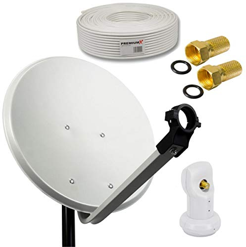 Premium X Camping Sat Anlage 45cm Satelliten-Schüssel Hellgrau Single LNB Weiß 0,1db 10m Koaxial-Kabel 2X F-Stecker