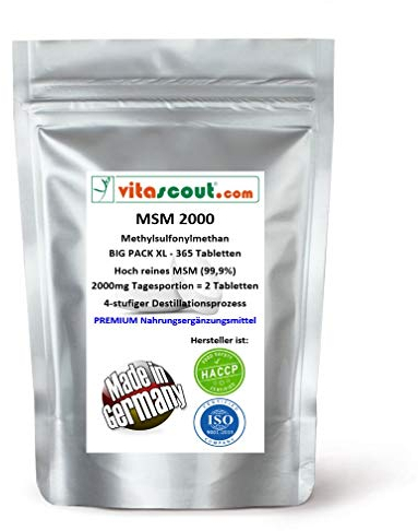 MSM - Methylsulfonylmethan - 365 Tabletten - 2000mg Tagesportion (=2 Tabletten) - 99,9% Reinheit - LABORGEPRÜFT - MADE IN GERMANY - hochdosiert
