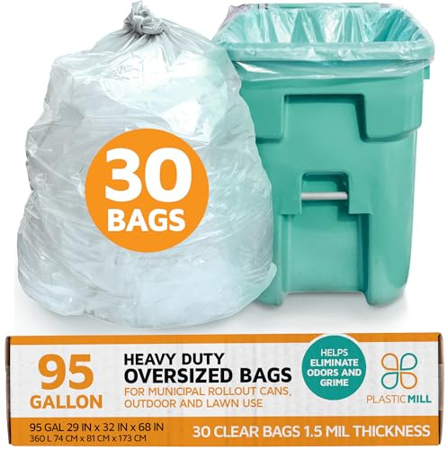 PlasticMill Heavy Duty Trash Bags - Clear Garbage Bags - Plastic Rubbish Sacs for Large Rolling Trash Bins - Tall Plastic Bags - 95-Gallon Large Kitchen Trash Bags, 1.5 Mil, 61x68 (30-Count)
