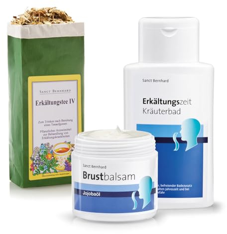 Sanct Bernhard Erkältungszeit-Set mit Erkältungstee IV, Erkältungszeit-Kräuterbad und Brustbalsam mit Jojobaöl