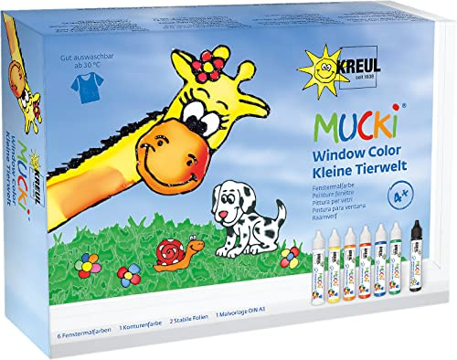 KREUL 24451 - Mucki Window Color Set Kleine Tierwelt, 7 x 29 ml Farbe, Folien und Vorlagen, Fenstermalfarbe auf Wasserbasis, parabenfrei, glutenfrei, laktosefrei, vegan, leicht vermalbar, auswaschbar