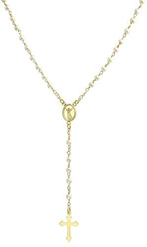 Bling Jewelry Delicado Y Delicado Collar De Cuentas De Rosario Con Medallón De Ángel Guardián Y Perlas Simuladas Blancas Para Mujeres Adolescentes Bañado En Oro De 18 Quilates