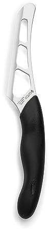 Model 1504 CUTCO Cheese Knife w/ 5.5 Micro-D® serrated edge blade & 5 black Soft Comfort-grip handle. Holes on blade’s surface helps cheese fall away during cutting.