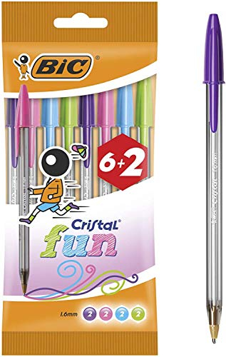 Bic Cristal Bolígrafos de Colores Surtidos, Fun, Punta Ancha (1,6 mm), Material Oficina, Blíster de 8 Bolis, Multicolor