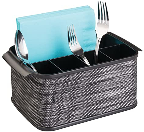 mDesign Besteckhalter mit Griffen – dekorativer Besteckkorb für Küche, Garten oder Picknick – mit großem Fach zur Aufbewahrung von Servietten – smoke/schwarz