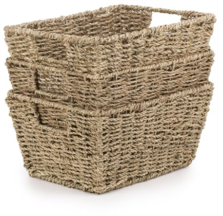 Woodluv Seagrass Woven Wicker Shelf Storage Basket Set, Display Gift Hampers, Set of 3 Handwoven Multi-Purpose Shelves Storage Baskets W/Handles for Bedroom & Home Office