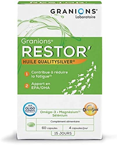 GRANIONS Restor', Contribue à réduire la fatigue, Apport en EPA/DHA, Oméga 3, Magnésium, Sélénium, 60 Capsules