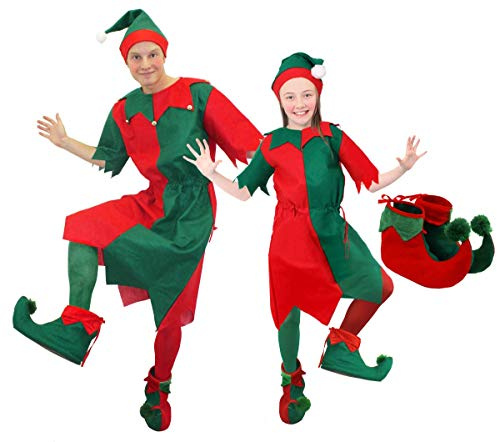Men's & Women's Cheeky Elf Fancy Dress Costume - Christmas Outfit in Red & Green With Jingle Bells, Tights, Hat, and Shoes (X-Small)