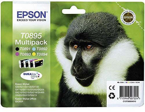 Epson Multipack T0895 Singe, Cartouches d'encre d'origine, 4 couleurs: Noir, Cyan, Magenta, Jaune, S20 S21 SX100 SX105 SX110 SX115 SX200 SX205 SX210 SX215 SX218 SX400 SX405 SX410 SX415 BX300F