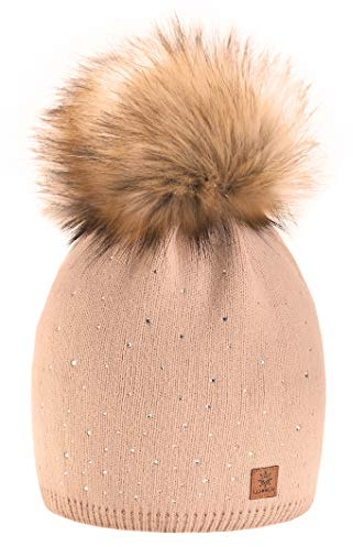 MFAZ Morefaz Ltd - Berretto invernale da donna in lana lavorata a maglia con piccoli cristalli, grande pelliccia con pompon