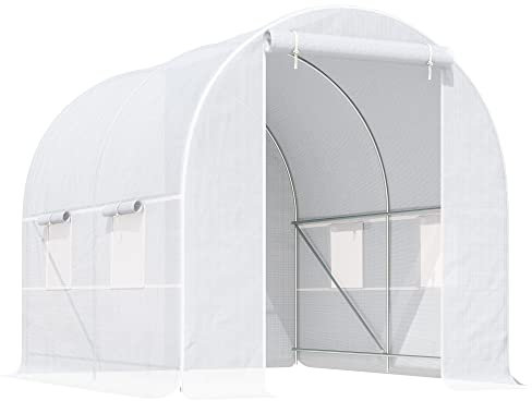 Outsunny 2.5 x 2 x 2 m Polytunnel Greenhouse, Walk-in Green House for Garden with Mesh Windows, Galvanised Steel Frame, White