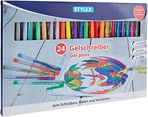 Stylex 43834 - Penna gel, 24 penne gel, colori assortiti, 8 colori metallizzati, 8 fabe al neon e 8 colori glitterati, per scrivere, dipingere e decorare