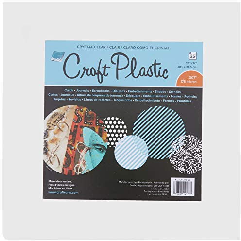 Grafix Craft Plastic - Ultra Clear .007” Craft Plastic Film, Durable and Archival Film, Perfect for DIY Crafts, Stencils, Journals, Cards, 3D Embellishments, and More, 12 x 12, Clear, 25 Pack