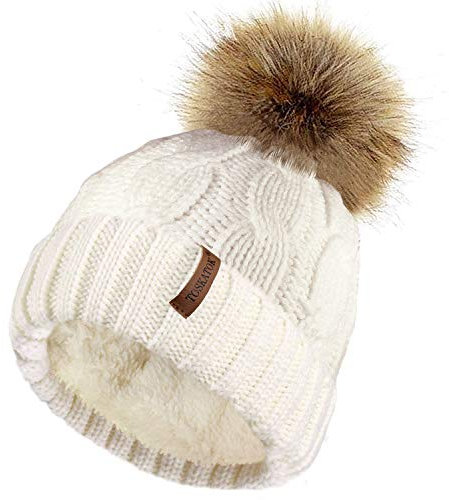 TOSKATOK Ladies Chunky Soft Cable Knit Hat with Cosy Fleece Liner and Detachable Faux Fur Pompom-Cream
